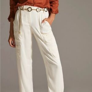 Anthropologie Cream Satin Utility trousers. Super soft, zero flaws. EUC